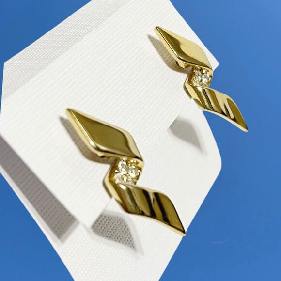 Gold Tone Rhinestone Earrings Swirl Ribbon Pierced Posts Sparkle Crystal Unique - Picture 2 of 9